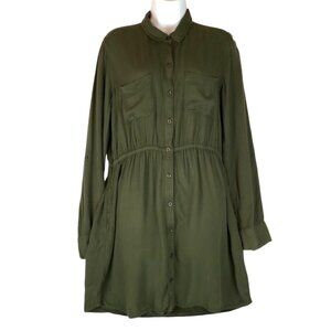 BDG Womens Olive Green Shirt Dress Size Large Rayon Roll Tab Sleeves Pockets